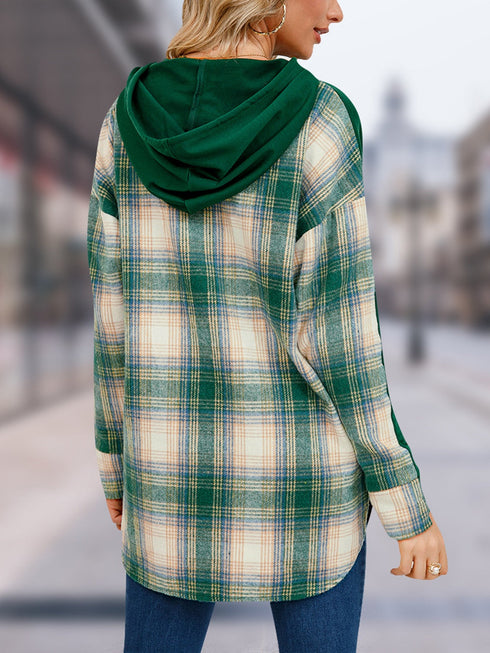 'Lireal' Split Colour Plaid Long Sleeve Hoodie - Celes Fashion